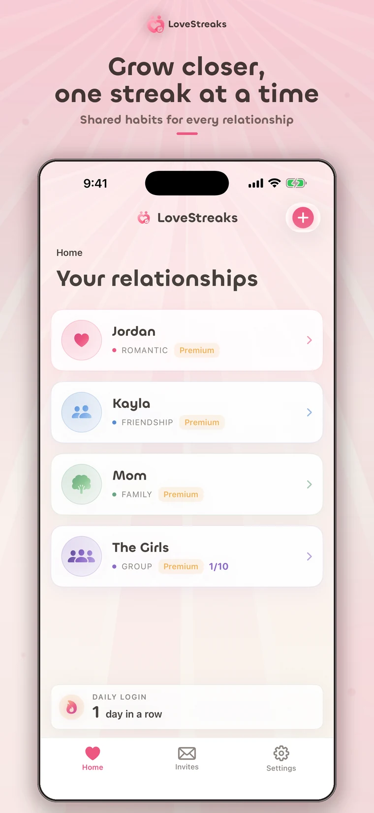 LoveStreaks App Store preview showing relationships on the home screen