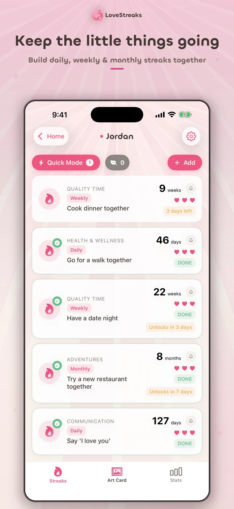 A LoveStreaks relationship with populated daily, weekly, and monthly streaks