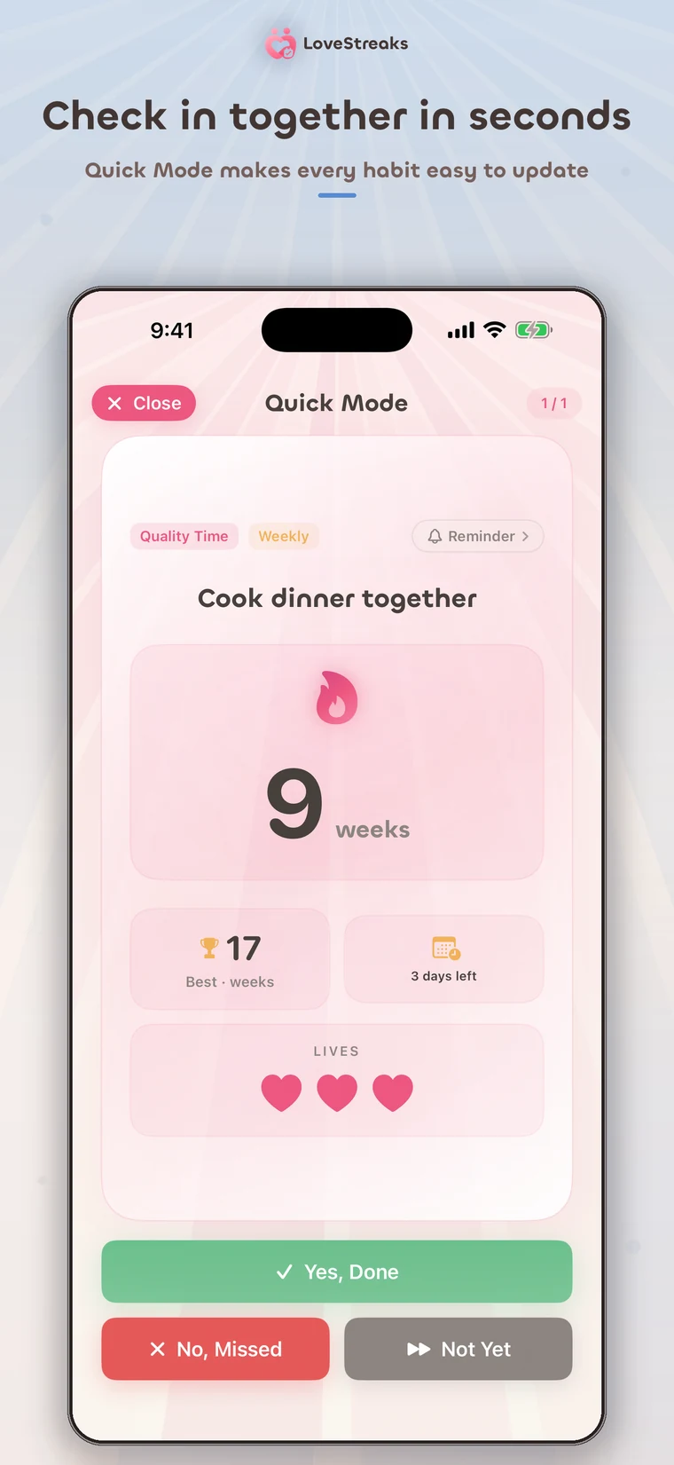 LoveStreaks Quick Mode showing a weekly cooking streak and completion controls