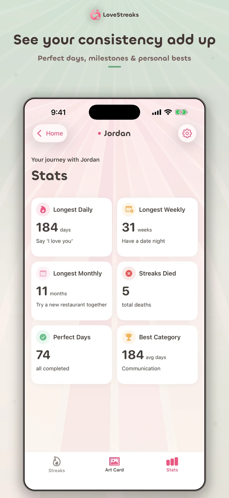 LoveStreaks statistics showing personal bests and perfect days