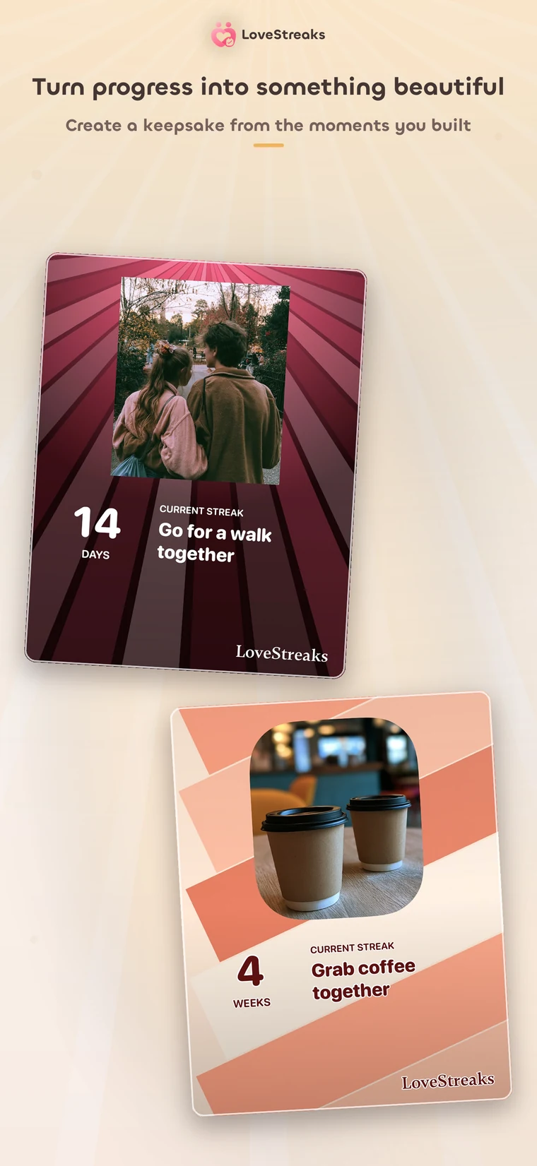 Two LoveStreaks Art Cards celebrating a walk streak and a coffee streak