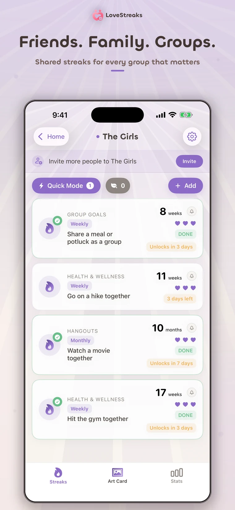 A LoveStreaks group with several shared weekly and monthly streaks